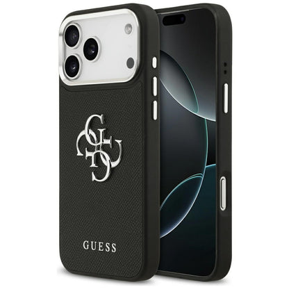 Husa pentru Apple iPhone 17 Pro Max, Guess, 4G Grained Big and Classic Logo, Neagra Argintie