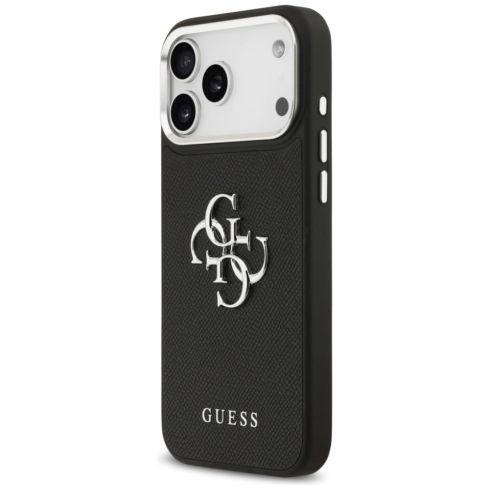 Husa pentru Apple iPhone 17 Pro Max, Guess, 4G Grained Big and Classic Logo, Neagra Argintie