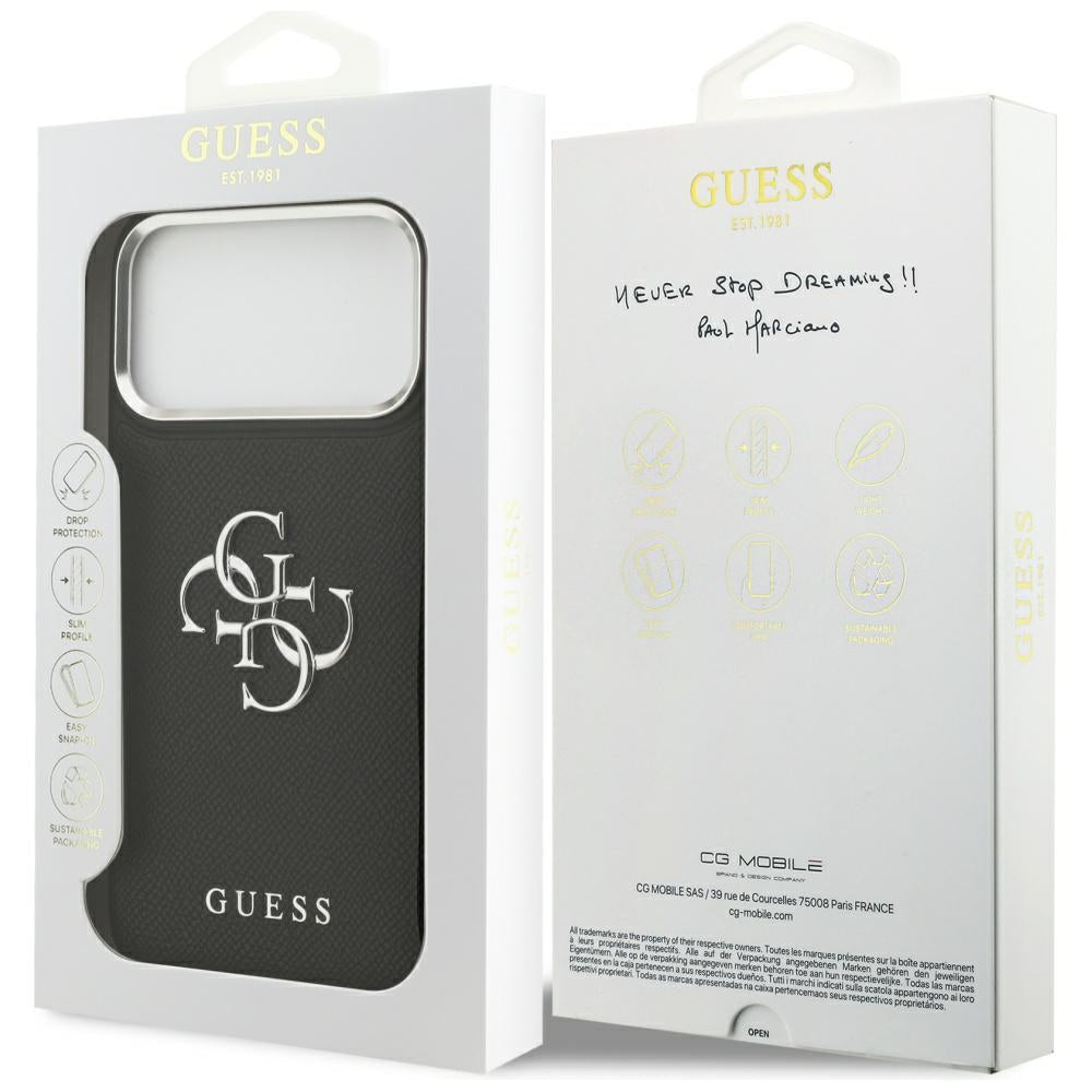 Husa pentru Apple iPhone 17 Pro Max, Guess, 4G Grained Big and Classic Logo, Neagra Argintie