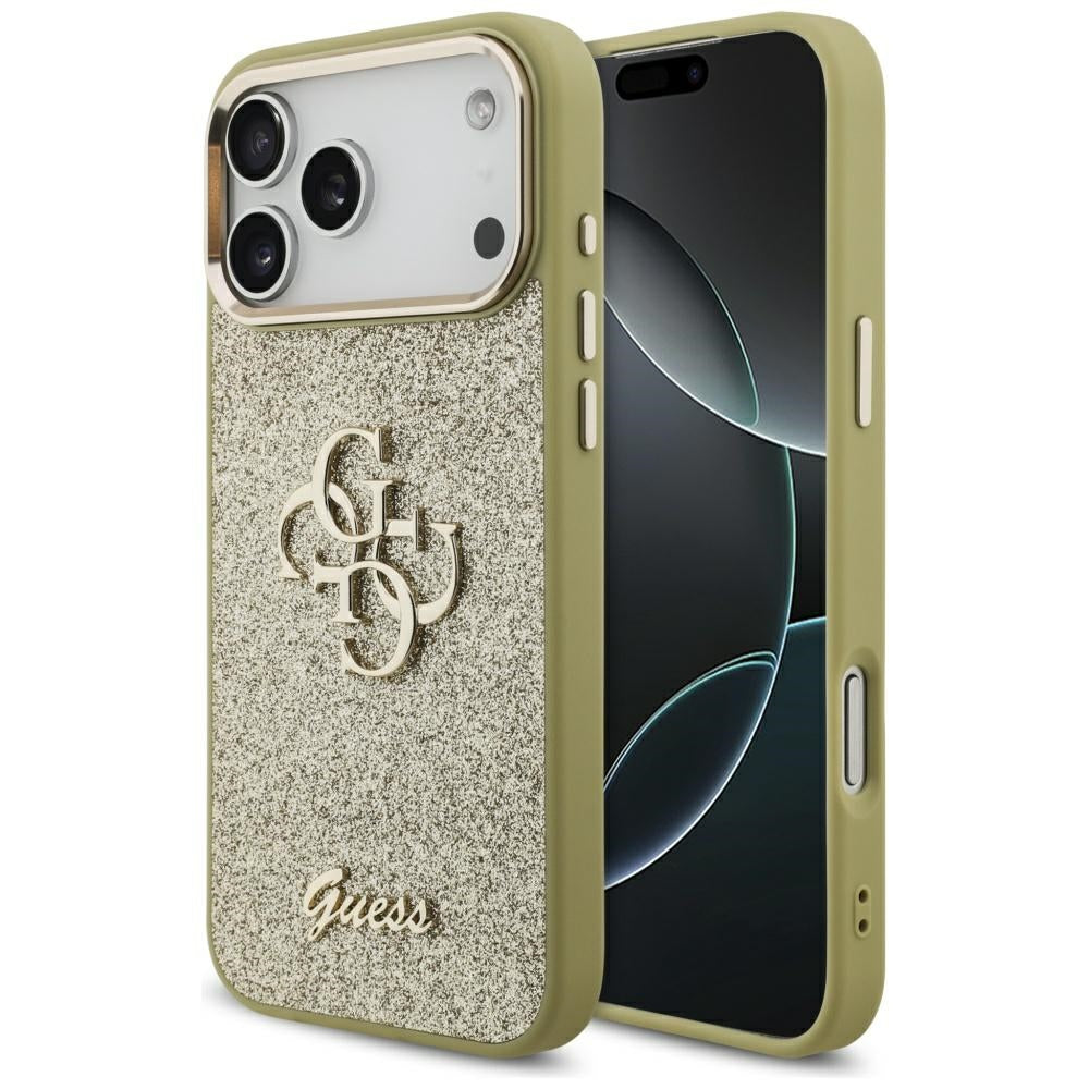Husa pentru Apple iPhone 17 Pro Max, Guess, Fixed Glitter Big 4G Metal Frame, Aurie