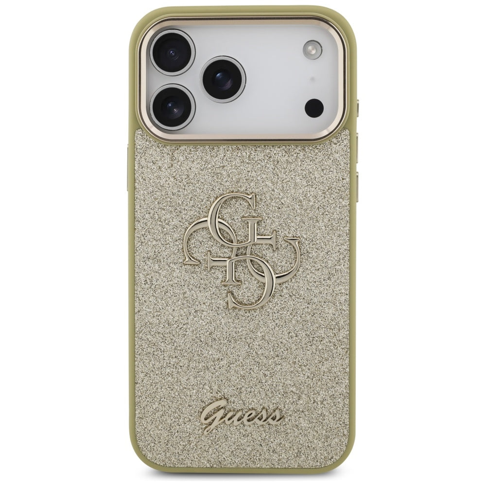 Husa pentru Apple iPhone 17 Pro Max, Guess, Fixed Glitter Big 4G Metal Frame, Aurie