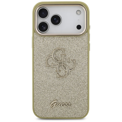 Husa pentru Apple iPhone 17 Pro Max, Guess, Fixed Glitter Big 4G Metal Frame, Aurie