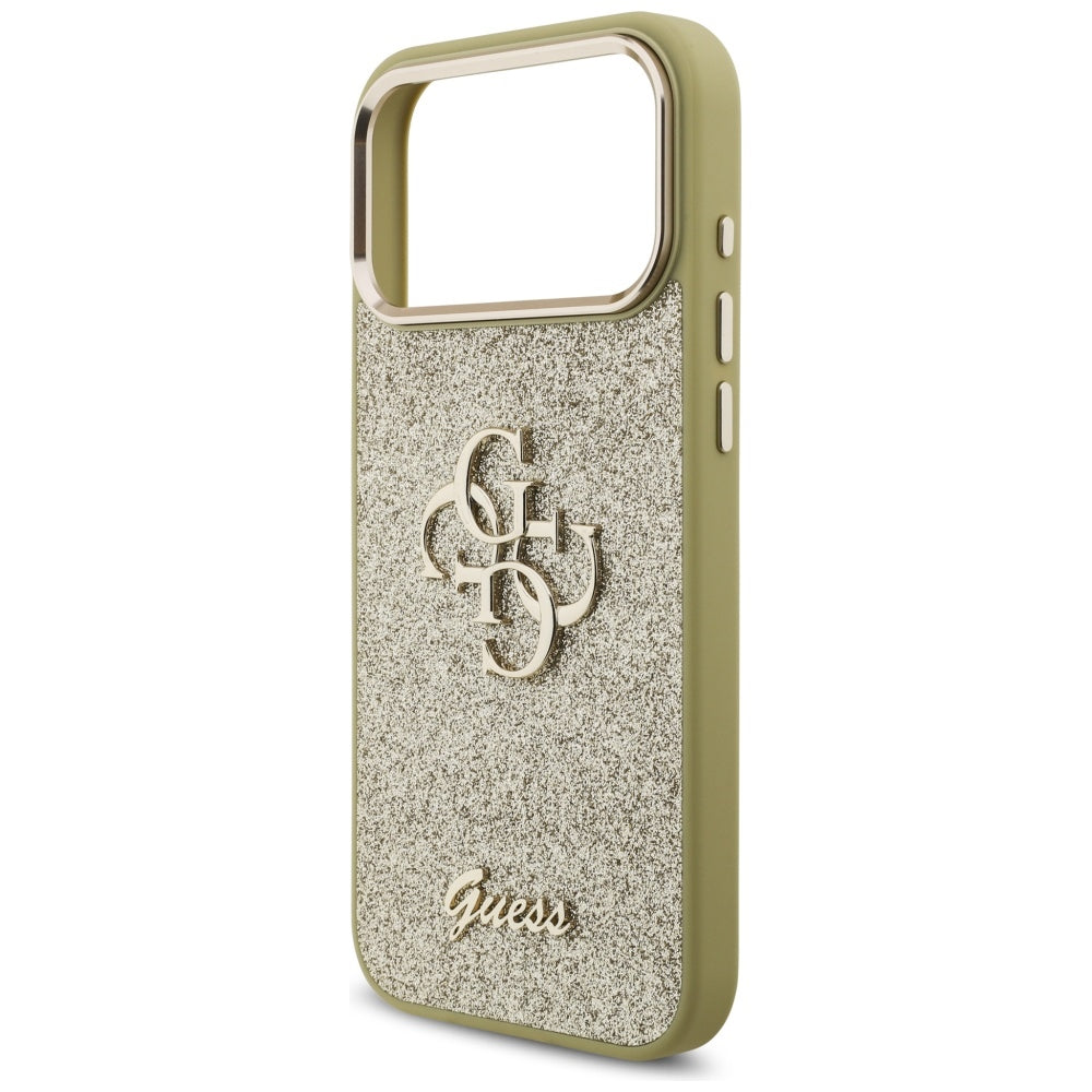 Husa pentru Apple iPhone 17 Pro Max, Guess, Fixed Glitter Big 4G Metal Frame, Aurie