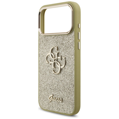 Husa pentru Apple iPhone 17 Pro Max, Guess, Fixed Glitter Big 4G Metal Frame, Aurie