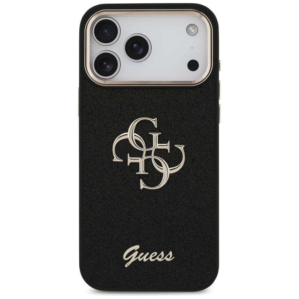 Husa pentru Apple iPhone 17 Pro Max, Guess, Fixed Glitter Big 4G Metal Frame, Neagra