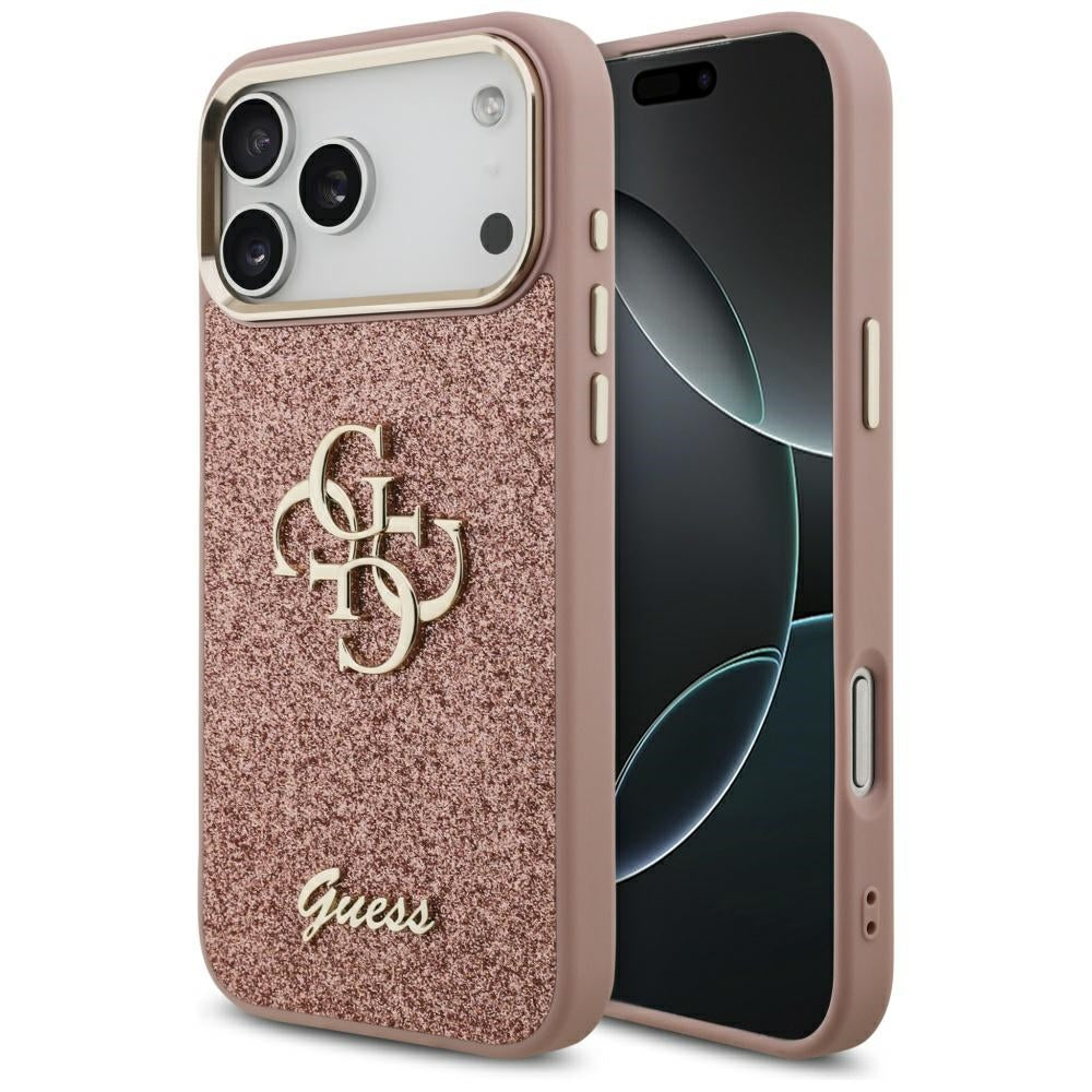 Husa pentru Apple iPhone 17 Pro Max, Guess, Fixed Glitter Big 4G Metal Frame, Roz