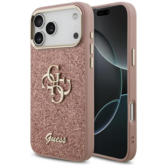 Husa pentru Apple iPhone 17 Pro Max, Guess, Fixed Glitter Big 4G Metal Frame, Roz