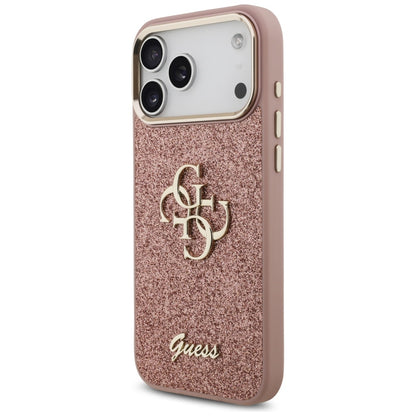 Husa pentru Apple iPhone 17 Pro Max, Guess, Fixed Glitter Big 4G Metal Frame, Roz