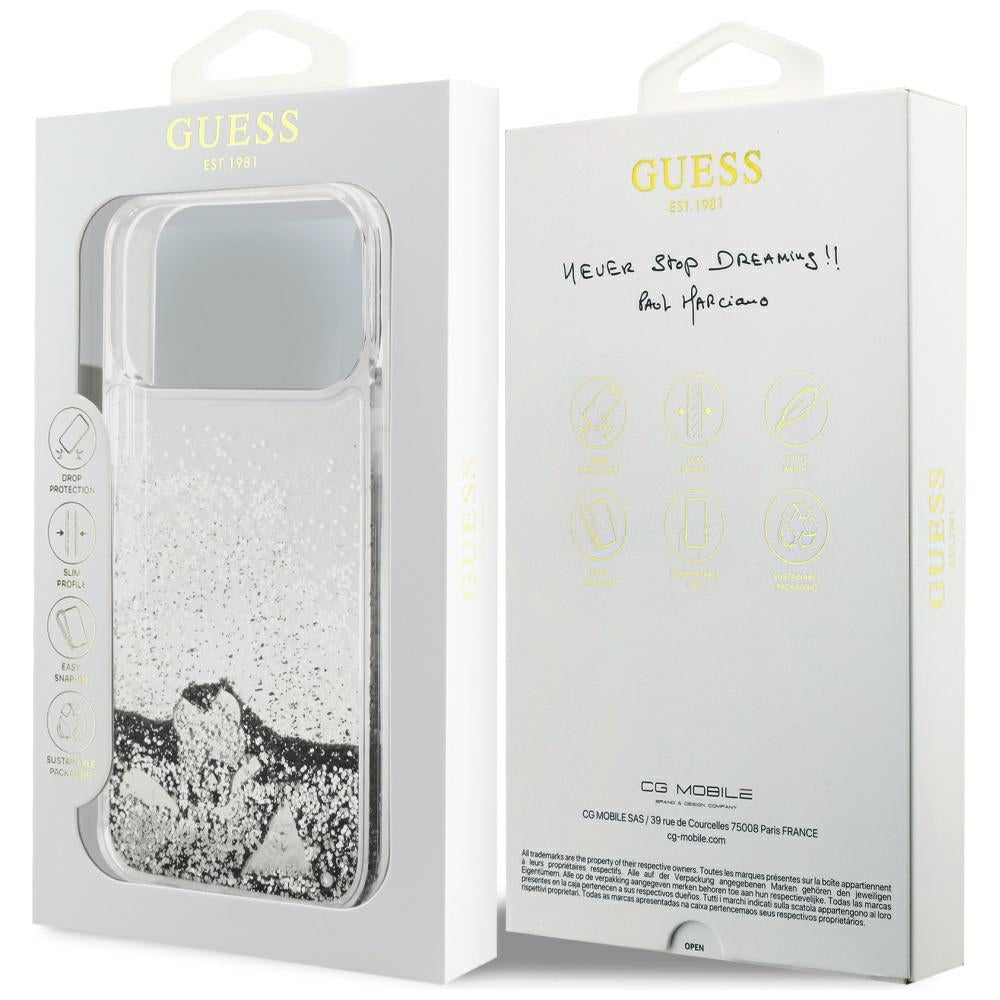 Husa pentru Apple iPhone 17 Pro Max, Guess, Liquid Glitter Charms, Argintie