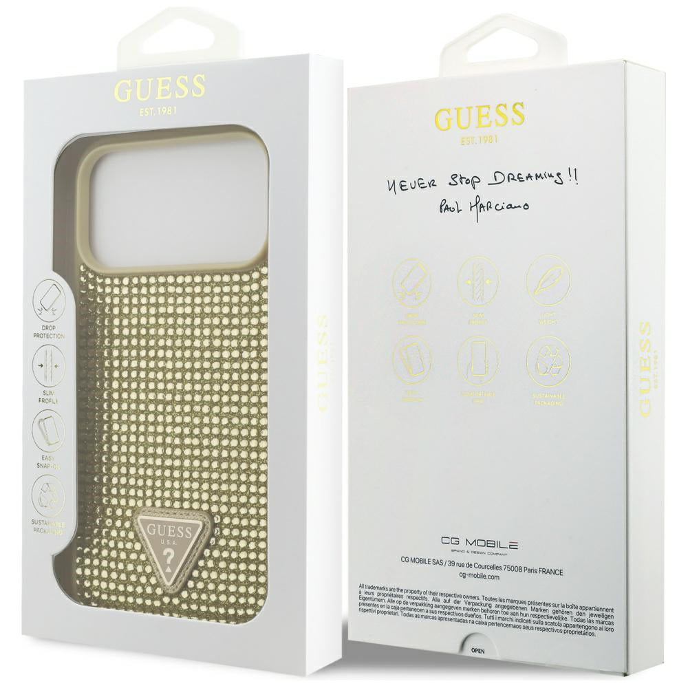 Husa pentru Apple iPhone 17 Pro Max, Guess, Rhinestone Triangle Logo, Aurie