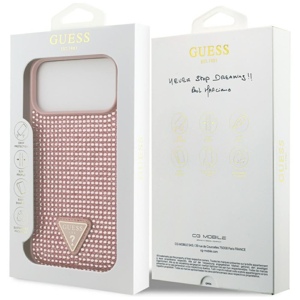 Husa pentru Apple iPhone 17 Pro Max, Guess, Rhinestone Triangle Logo, Roz