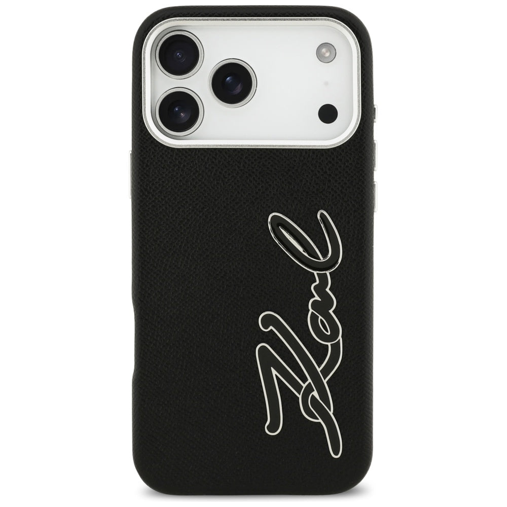 Husa pentru Apple iPhone 17 Pro Max, Karl Lagerfeld, FW Grained Signature Logo, Neagra