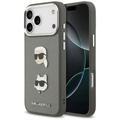 Husa pentru Apple iPhone 17 Pro Max, Karl Lagerfeld, Grained Karl & Choupette's Heads Pins and Logo, Gri