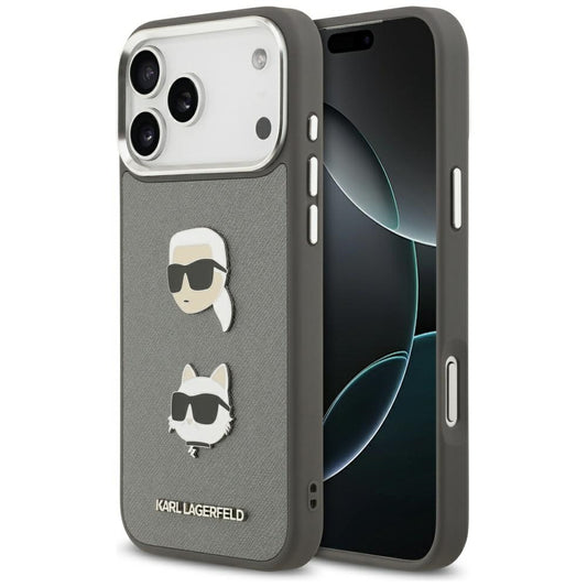 Husa pentru Apple iPhone 17 Pro Max, Karl Lagerfeld, Grained Karl & Choupette's Heads Pins and Logo, Gri