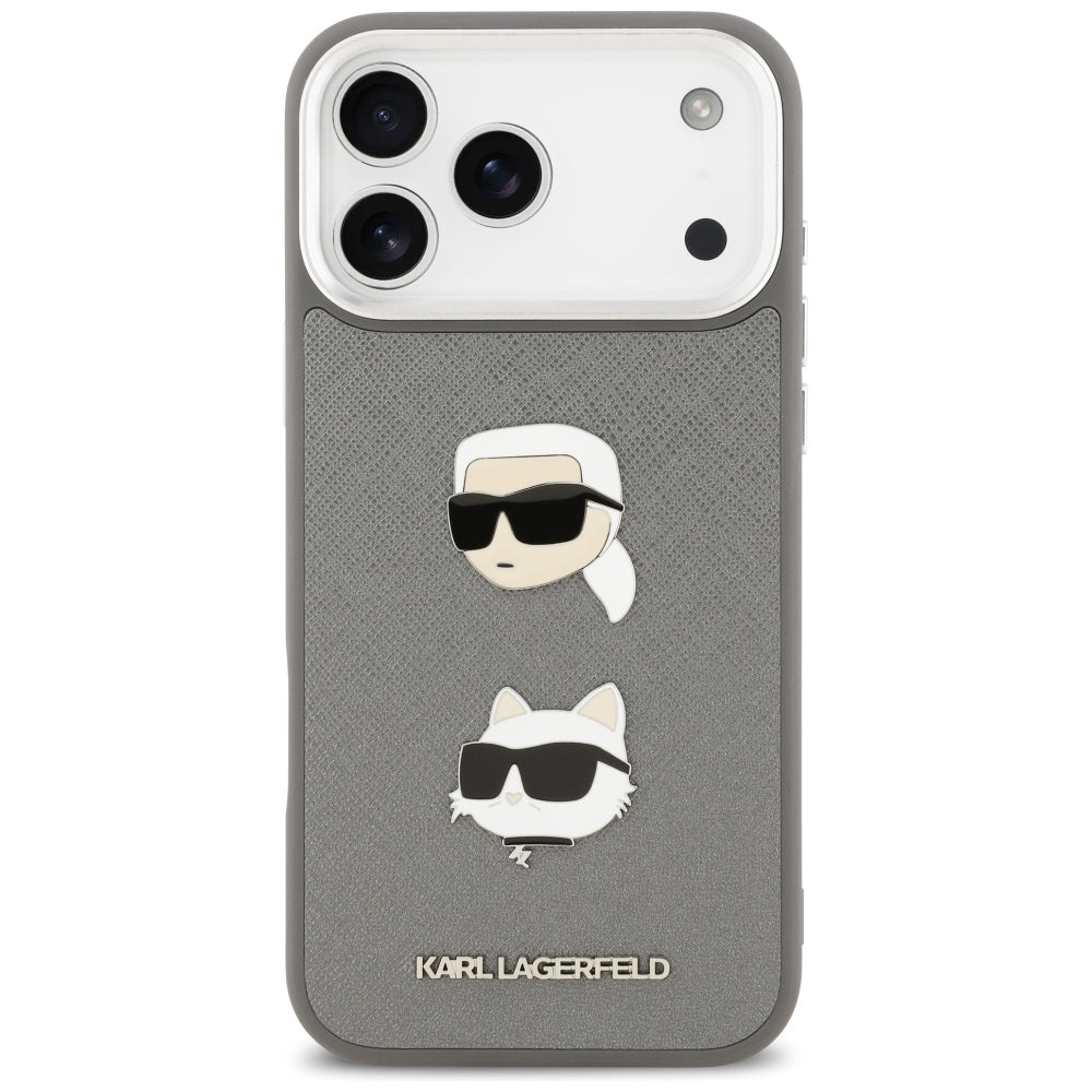 Husa pentru Apple iPhone 17 Pro Max, Karl Lagerfeld, Grained Karl & Choupette's Heads Pins and Logo, Gri