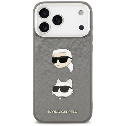 Husa pentru Apple iPhone 17 Pro Max, Karl Lagerfeld, Grained Karl & Choupette's Heads Pins and Logo, Gri