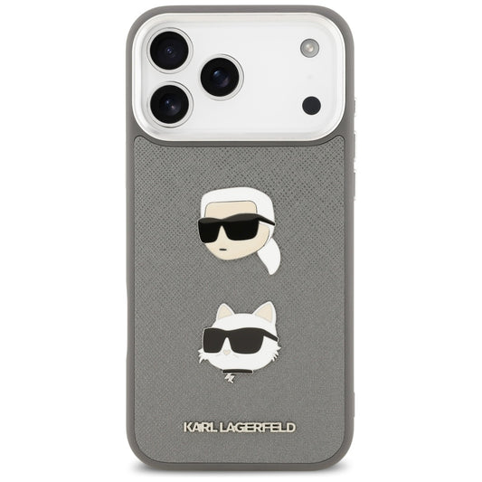 Husa pentru Apple iPhone 17 Pro Max, Karl Lagerfeld, Grained Karl & Choupette's Heads Pins and Logo, Gri