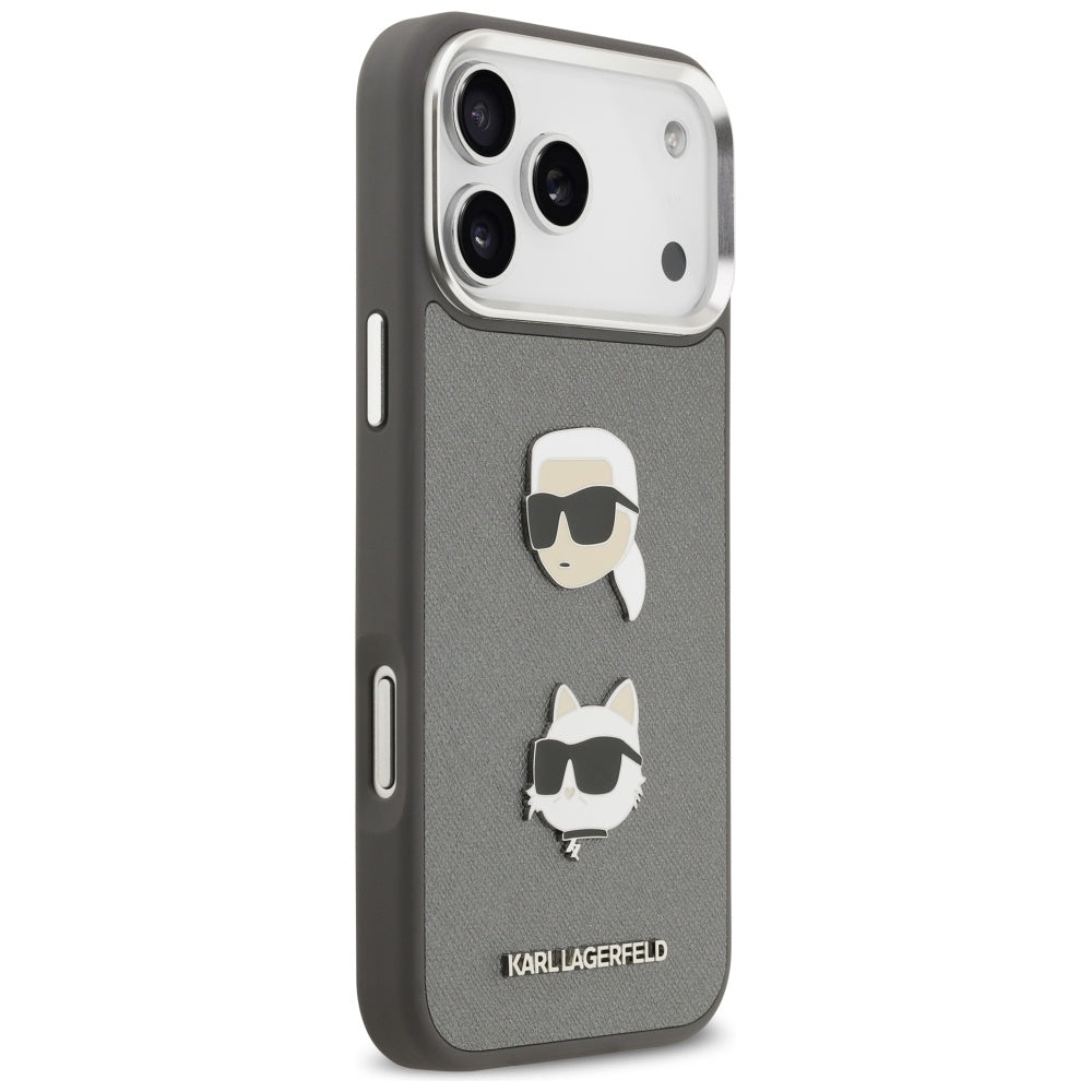 Husa pentru Apple iPhone 17 Pro Max, Karl Lagerfeld, Grained Karl & Choupette's Heads Pins and Logo, Gri