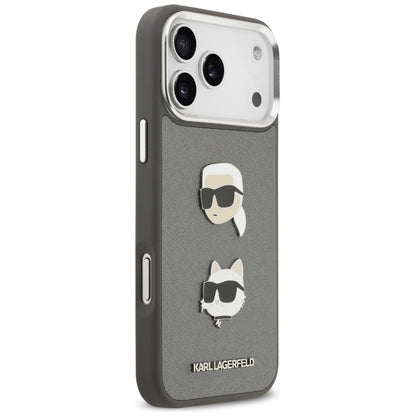 Husa pentru Apple iPhone 17 Pro Max, Karl Lagerfeld, Grained Karl & Choupette's Heads Pins and Logo, Gri