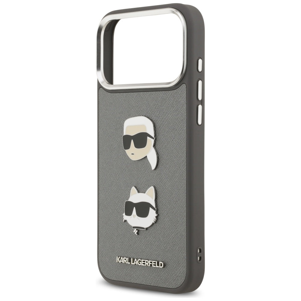 Husa pentru Apple iPhone 17 Pro Max, Karl Lagerfeld, Grained Karl & Choupette's Heads Pins and Logo, Gri