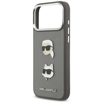 Husa pentru Apple iPhone 17 Pro Max, Karl Lagerfeld, Grained Karl & Choupette's Heads Pins and Logo, Gri