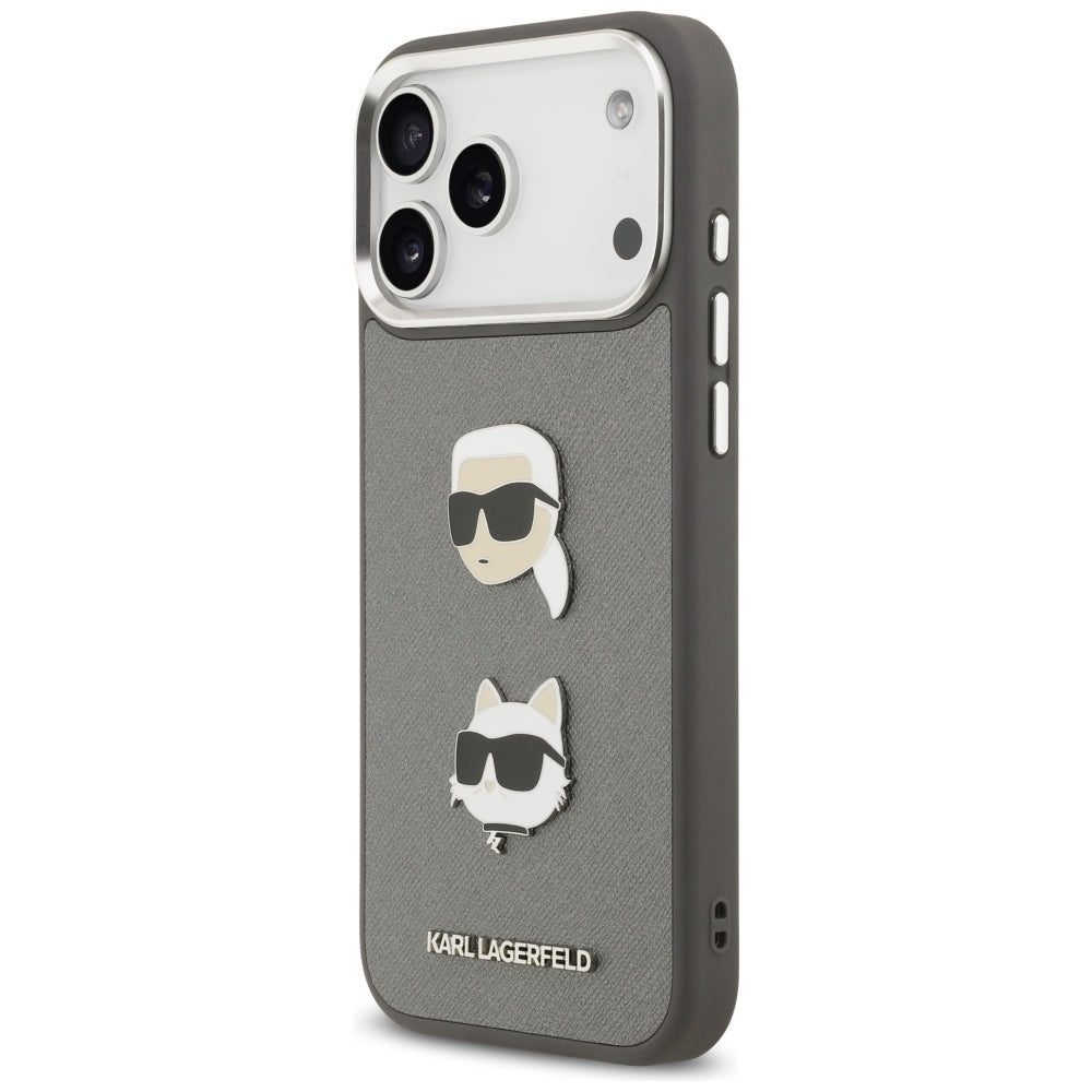 Husa pentru Apple iPhone 17 Pro Max, Karl Lagerfeld, Grained Karl & Choupette's Heads Pins and Logo, Gri