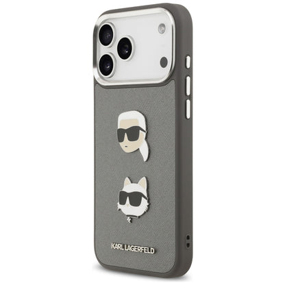 Husa pentru Apple iPhone 17 Pro Max, Karl Lagerfeld, Grained Karl & Choupette's Heads Pins and Logo, Gri