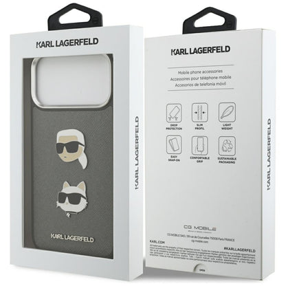 Husa pentru Apple iPhone 17 Pro Max, Karl Lagerfeld, Grained Karl & Choupette's Heads Pins and Logo, Gri