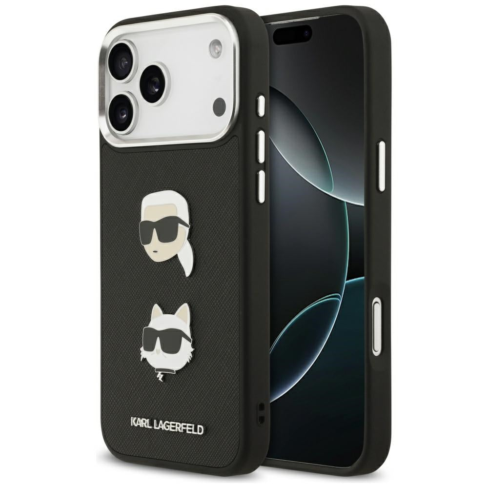 Husa pentru Apple iPhone 17 Pro Max, Karl Lagerfeld, Grained Karl & Choupette's Heads Pins and Logo, Neagra
