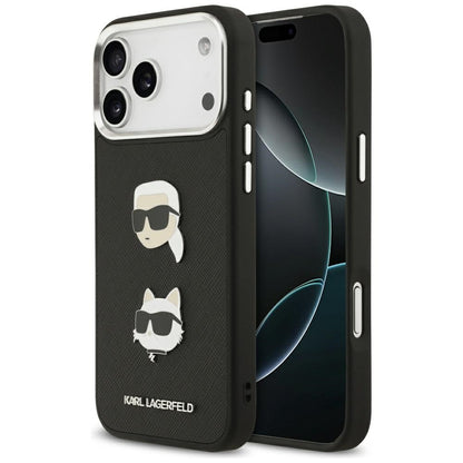 Husa pentru Apple iPhone 17 Pro Max, Karl Lagerfeld, Grained Karl & Choupette's Heads Pins and Logo, Neagra