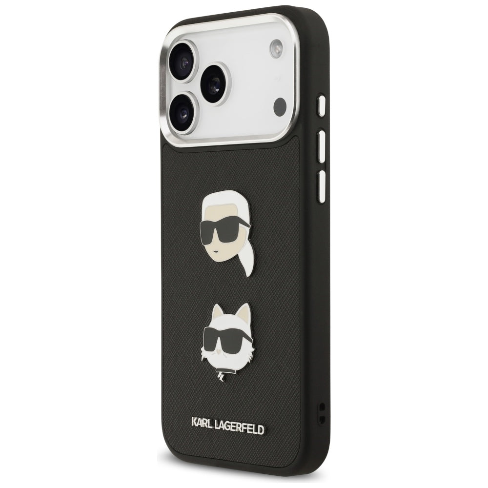 Husa pentru Apple iPhone 17 Pro Max, Karl Lagerfeld, Grained Karl & Choupette's Heads Pins and Logo, Neagra