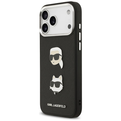 Husa pentru Apple iPhone 17 Pro Max, Karl Lagerfeld, Grained Karl & Choupette's Heads Pins and Logo, Neagra