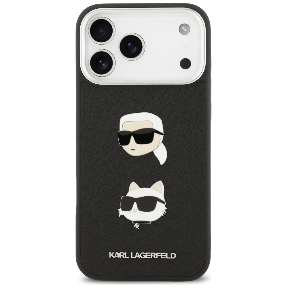 Husa pentru Apple iPhone 17 Pro Max, Karl Lagerfeld, Grained Karl & Choupette's Heads Pins and Logo, Neagra