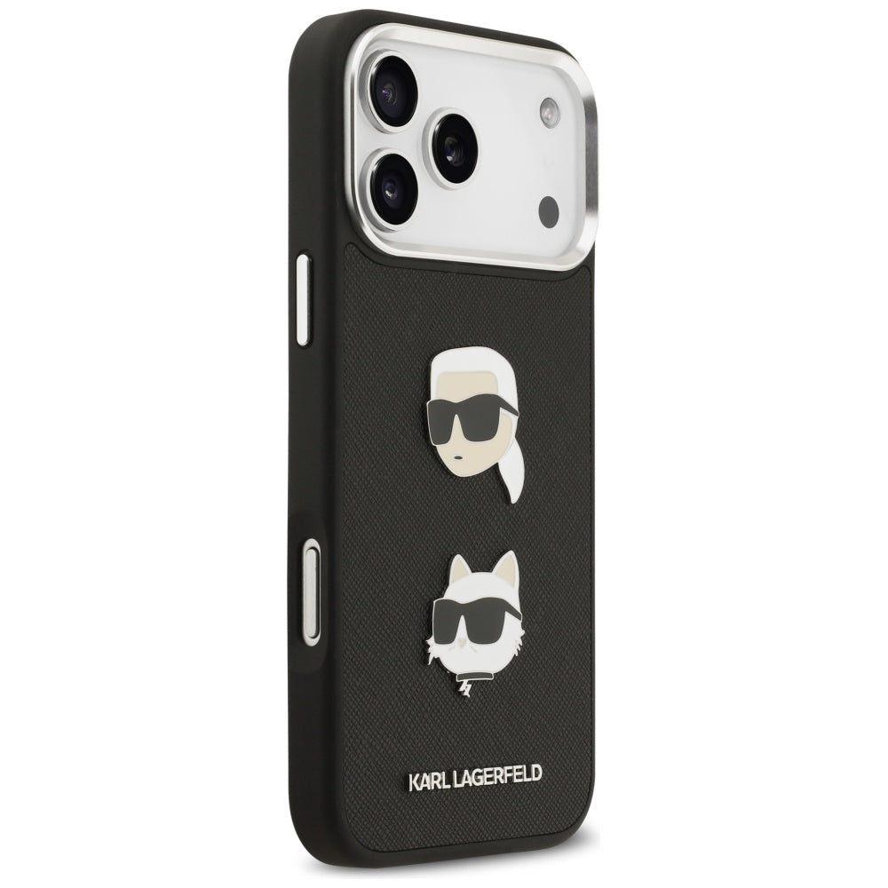 Husa pentru Apple iPhone 17 Pro Max, Karl Lagerfeld, Grained Karl & Choupette's Heads Pins and Logo, Neagra