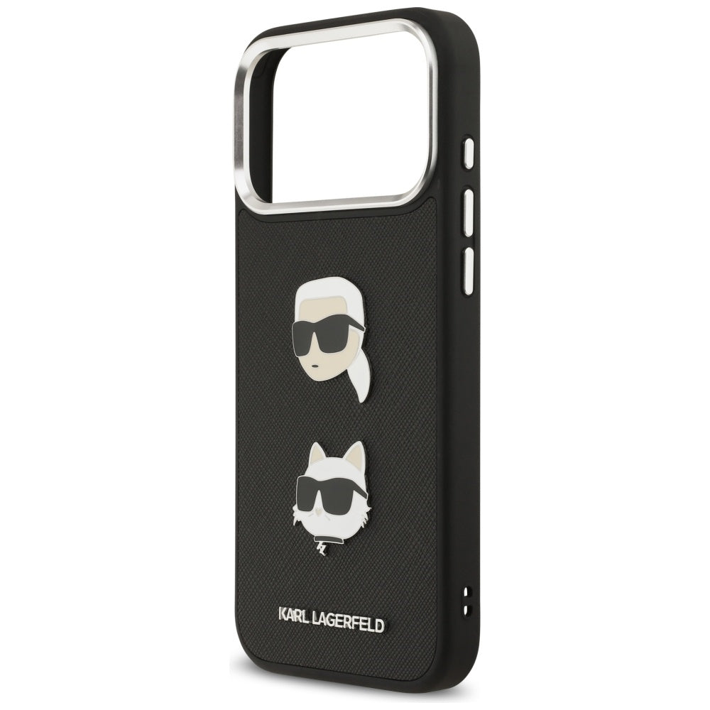 Husa pentru Apple iPhone 17 Pro Max, Karl Lagerfeld, Grained Karl & Choupette's Heads Pins and Logo, Neagra