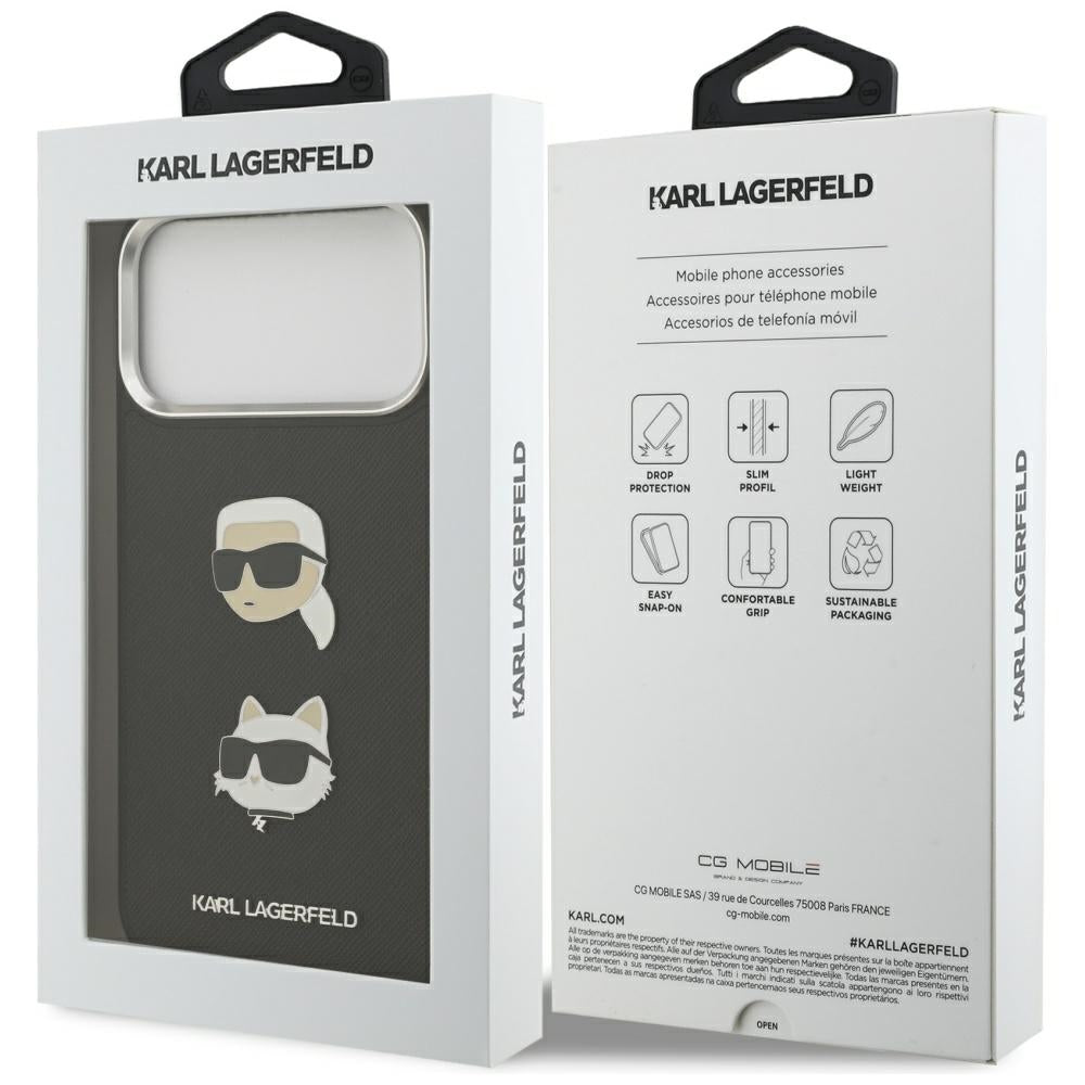 Husa pentru Apple iPhone 17 Pro Max, Karl Lagerfeld, Grained Karl & Choupette's Heads Pins and Logo, Neagra