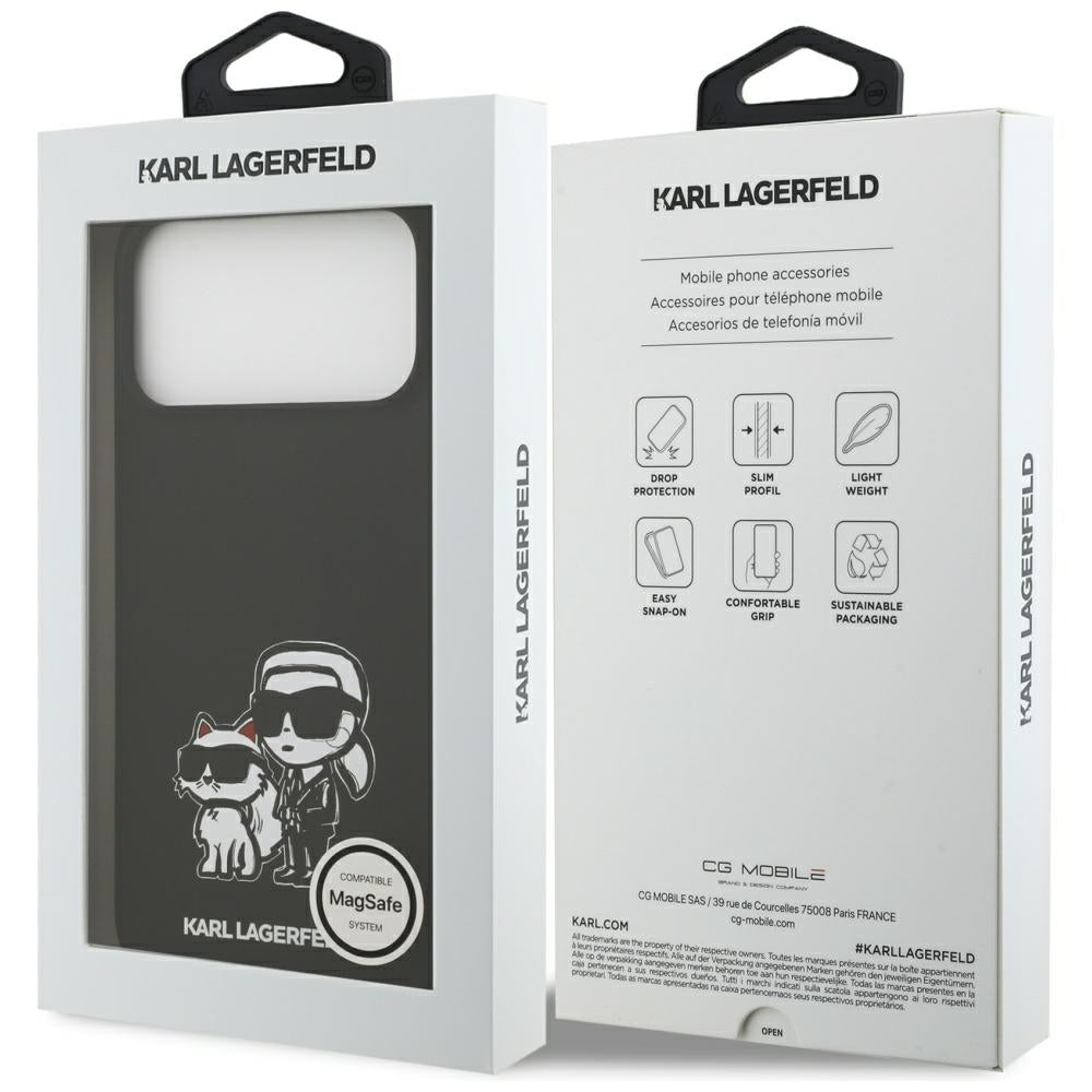 Husa pentru Apple iPhone 17 Pro Max, Karl Lagerfeld, Sketch and Logo Karl & Choupette, Neagra