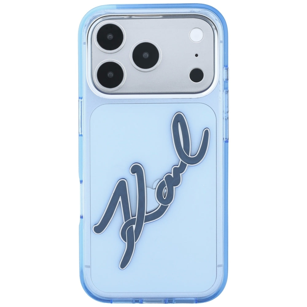 Husa pentru Apple iPhone 18 Pro / 17 Pro, Karl Lagerfeld, IML Big Signature Resin Logo and Metal Frame, Albastra