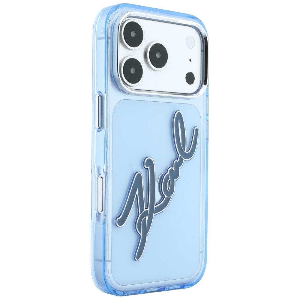 Husa pentru Apple iPhone 18 Pro / 17 Pro, Karl Lagerfeld, IML Big Signature Resin Logo and Metal Frame, Albastra