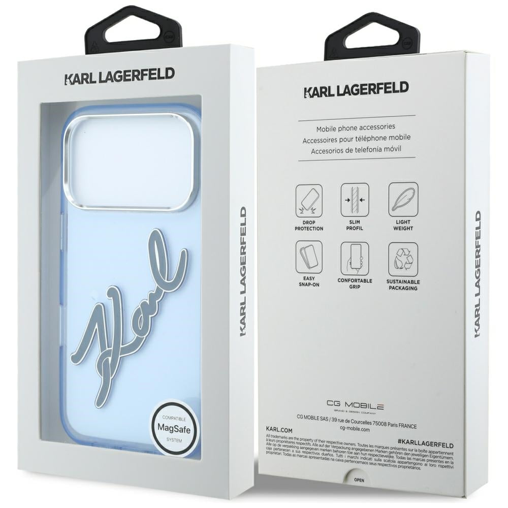 Husa pentru Apple iPhone 18 Pro / 17 Pro, Karl Lagerfeld, IML Big Signature Resin Logo and Metal Frame, Albastra