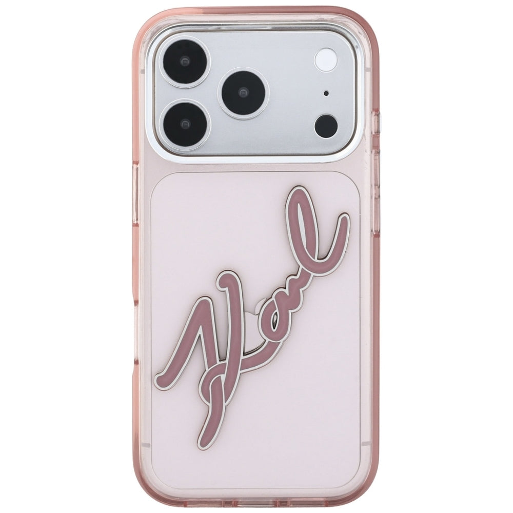 Husa pentru Apple iPhone 18 Pro / 17 Pro, Karl Lagerfeld, IML Big Signature Resin Logo and Metal Frame, Roz