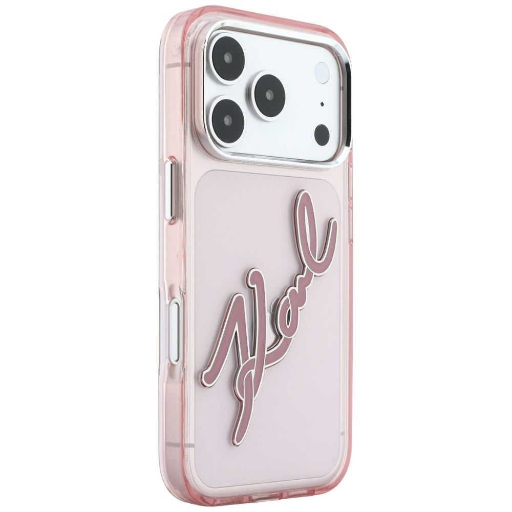 Husa pentru Apple iPhone 18 Pro / 17 Pro, Karl Lagerfeld, IML Big Signature Resin Logo and Metal Frame, Roz