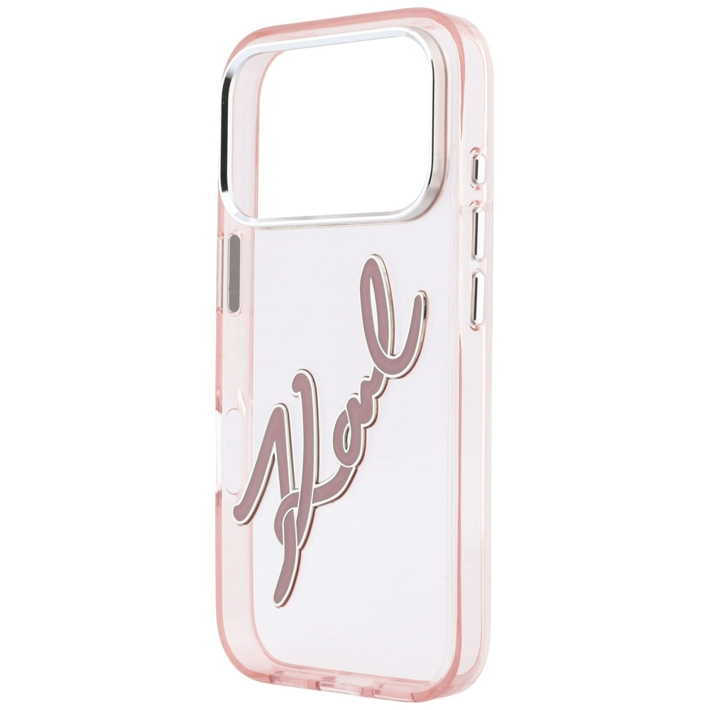 Husa pentru Apple iPhone 18 Pro / 17 Pro, Karl Lagerfeld, IML Big Signature Resin Logo and Metal Frame, Roz