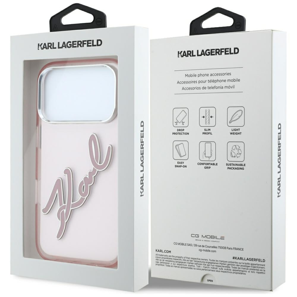 Husa pentru Apple iPhone 18 Pro / 17 Pro, Karl Lagerfeld, IML Big Signature Resin Logo and Metal Frame, Roz