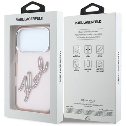 Husa pentru Apple iPhone 18 Pro / 17 Pro, Karl Lagerfeld, IML Big Signature Resin Logo and Metal Frame, Roz