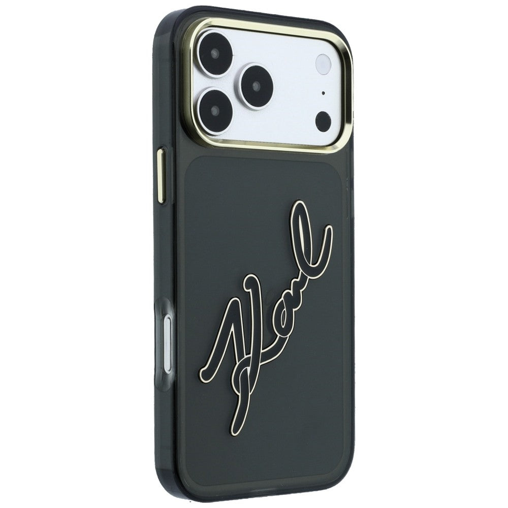 Husa pentru Apple iPhone 18 Pro / 17 Pro, Karl Lagerfeld, IML Big Signature Resin Logo and Metal Frame, Neagra