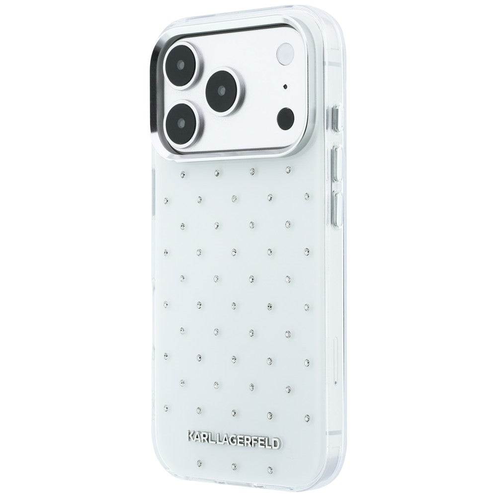 Husa pentru Apple iPhone 18 Pro / 17 Pro, Karl Lagerfeld, IML Rhinestones and Electroplated Logo, Alba