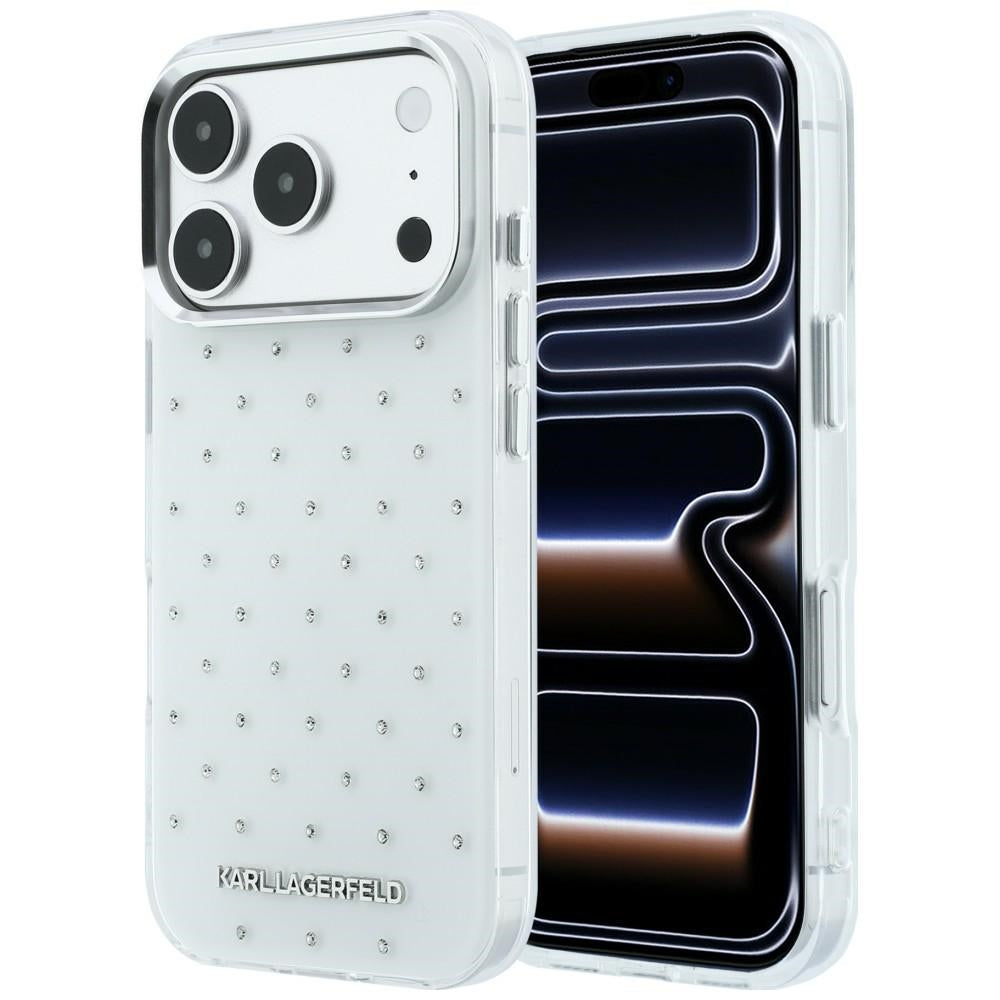 Husa pentru Apple iPhone 18 Pro / 17 Pro, Karl Lagerfeld, IML Rhinestones and Electroplated Logo, Alba