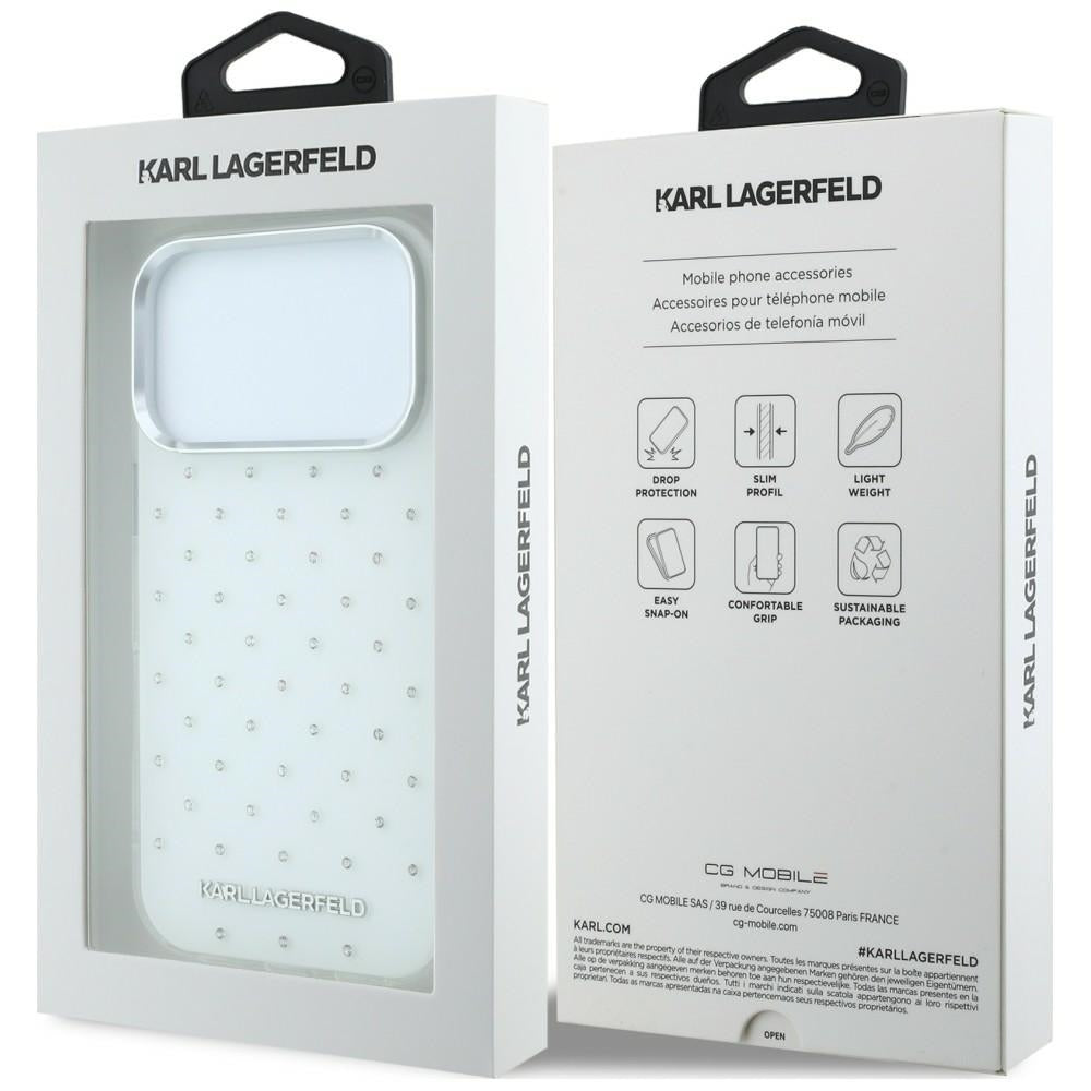 Husa pentru Apple iPhone 18 Pro / 17 Pro, Karl Lagerfeld, IML Rhinestones and Electroplated Logo, Alba