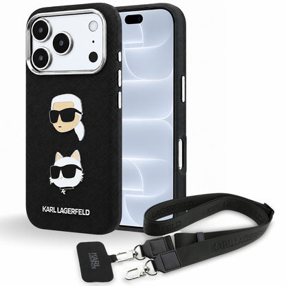 Husa pentru Apple iPhone 18 Pro / 17 Pro, Karl Lagerfeld, Saffiano Crossbody Karl & Choupette Head's Pins Logo, Neagra